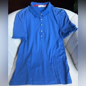 Tory Burch Blue Ruffle Collar Polo with Logo Buttons